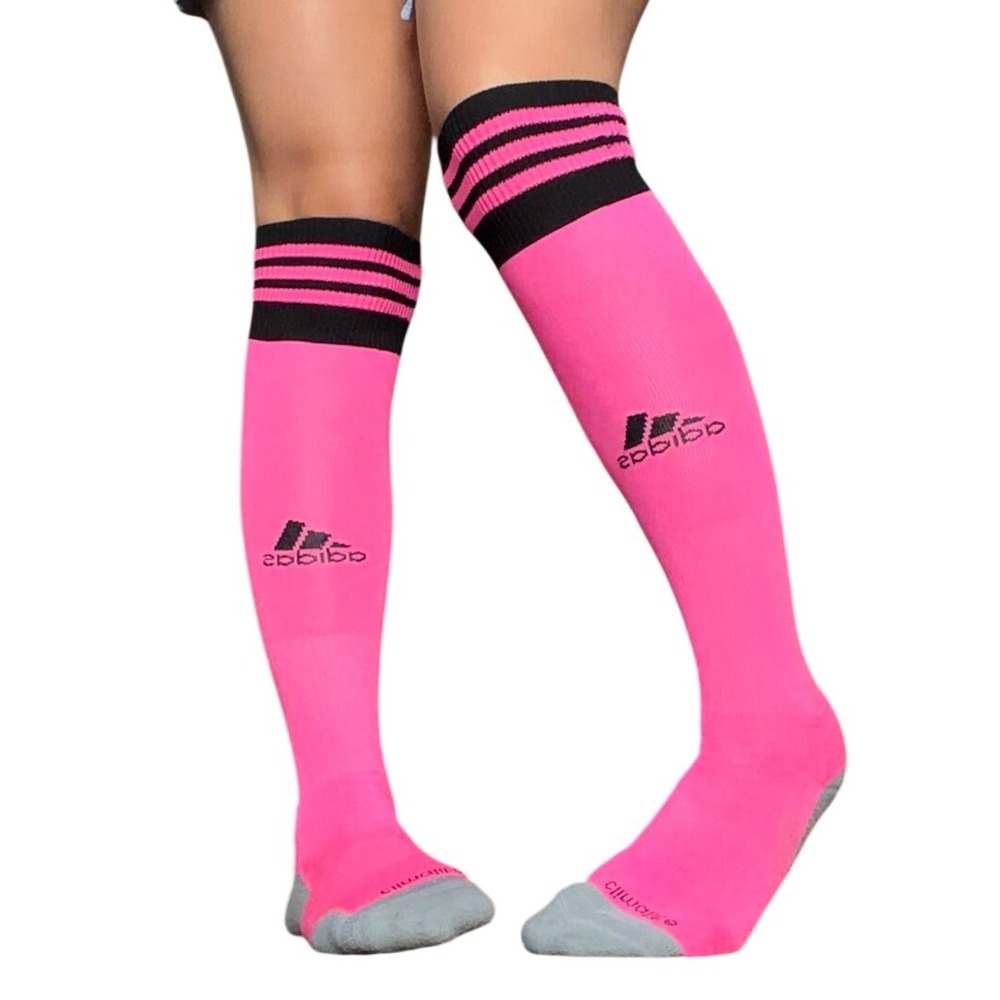 Y2K Scene Workout Adidas Soccer Socks Neon Pink Black Stripes Over Calf